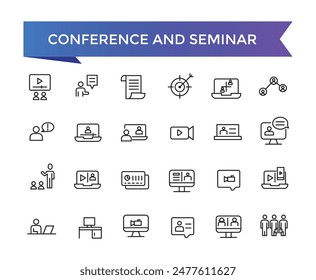 Conference and seminar Icon set with editable stroke collection for web and ui. Line icons pack. Vector illustration.