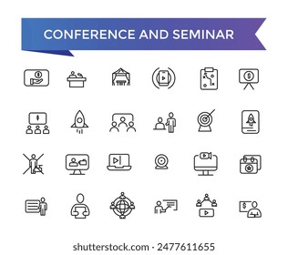 Conjunto de iconos de conferencias y seminarios con colección de trazos editable para Web y ui. Paquete de iconos de línea. Ilustración vectorial.