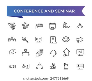 Conjunto de iconos de conferencias y seminarios con colección de trazos editable para Web y ui. Paquete de iconos de línea. Ilustración vectorial.
