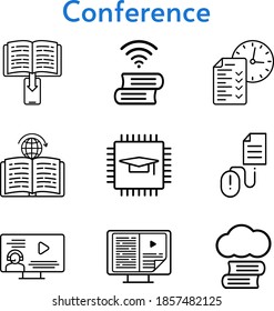 conference set. included cloud library, chip, ebook, test, instructor, learning, click icons. linear styles.