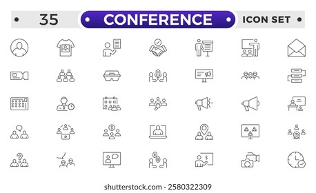 Conference set of web icons in line style. Live webinar icons for web and mobile app. Containing conference, business meeting, classroom, team, interview, meeting, work, discussion and more.
