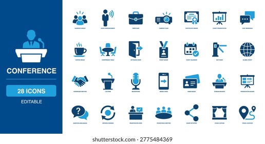 Conference Solid Icon Set describing audience group audio announcement briefcase camera flash certificate award chart presentation chat messages coffee break table entrance door event badge calendar exit hand