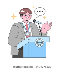 Conference speaker concept. Energetic man addressing audience from podium, sharing insights and knowledge. Engaging communication, global platform. Expertise sharing event. Flat vector illustration