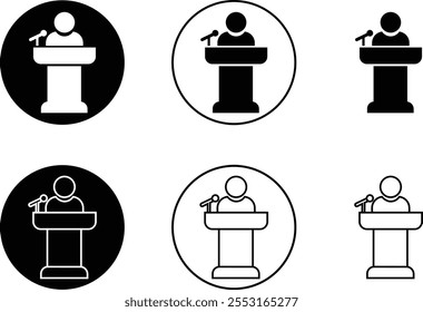 Conference speaker with male icon set. Black flat and line vector podium symbol for business meeting with microphone in glyph pictogram designed collection isolated on transparent background. - Powered by Shutterstock - Get 15% off with code: PIKWIZARD15