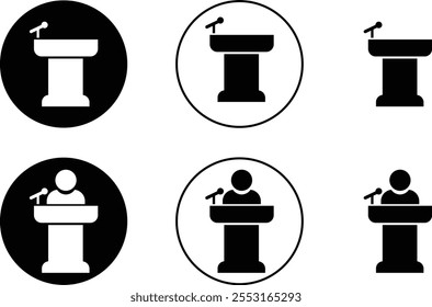 Conference speaker with male icon set. Black flat and line vector podium symbol for business meeting with microphone in glyph pictogram designed collection isolated on transparent background. - Powered by Shutterstock - Get 15% off with code: PIKWIZARD15