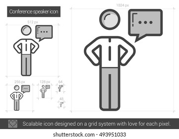 Conference speaker vector line icon isolated on white background. Conference speaker line icon for infographic, website or app. Scalable icon designed on a grid system.