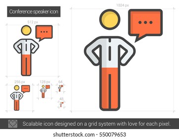 Conference speaker vector line icon isolated on white background. Conference speaker line icon for infographic, website or app. Scalable icon designed on a grid system.