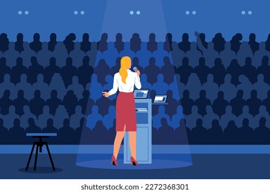 Conference stage flat concept with woman speaking in front of audience vector illustration