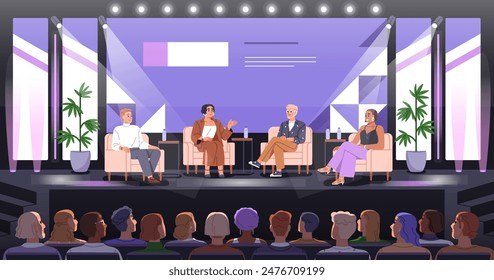 Conference stage with speakers group sitting in chairs, talking, discussing. Business event, forum, discussion. Communication at congress meeting, professional seminar, panel. Flat vector illustration