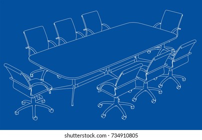 Conference table with chairs in sketch style. Vector rendering of 3d