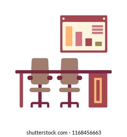 Conference table with chart on screen icon in flat color design vector illustration