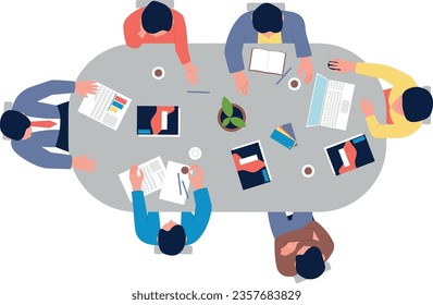 Conference table meeting top view. Teamwork concept