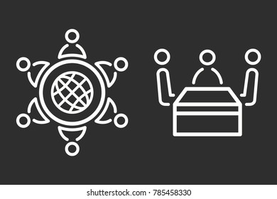 Conference table vector icon. White illustration isolated on black background for graphic and web design.