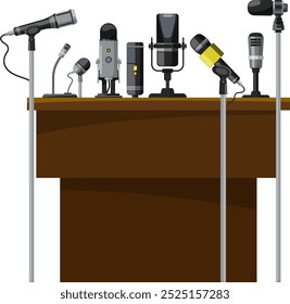 Conference tribune with various microphones. Public debate or press speech