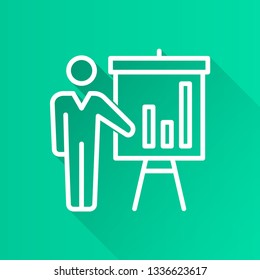 Conference vector icon with long shadow. White illustration isolated on green background for graphic and web design.