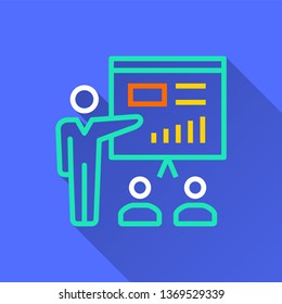 Conference vector icon with long shadow. Simple illustration isolated on blue background for graphic and web design.