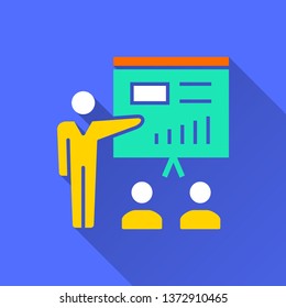 Conference vector icon with long shadow. Simple illustration isolated on blue background for graphic and web design.