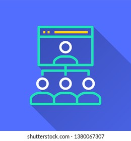 Conference vector icon with long shadow. Simple illustration isolated on blue background for graphic and web design.