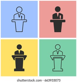 Conference vector icon with long shadow. Black illustration isolated on color background for graphic and web design.