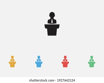 Conference vector icon. Orator speaking from tribune vector illustration symbol. Presentation icon. Set of colorful flat design 