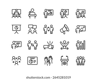 Conjunto de Ícones de Vetor de Conferência | Espessura ajustável da linha | Palestrante, pódio, público, gráfico, apresentação, microfone, discussão, seminário, networking, sucesso, projetor, reunião, palestra, ícones de painel