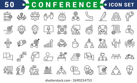 Conference vector icon set collection with business meeting, seminar, discussion, speaker, presentation and professional event
