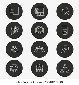 Conference vector icon. Set of discussion, meeting, event, business and more. Round button.