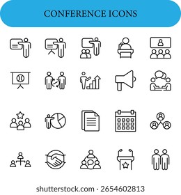 Conjunto de Ícones de Vetor de Conferência. Ícones retratam vários temas, como apresentações, discussões, trabalho em equipe, gráficos, comunicação e agendamento.
