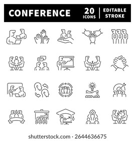 Iconos del vector de la conferencia. Iconos de línea delgada relacionados con la conferencia y la reunión. Iconos del vector de la conferencia en estilo de la línea
