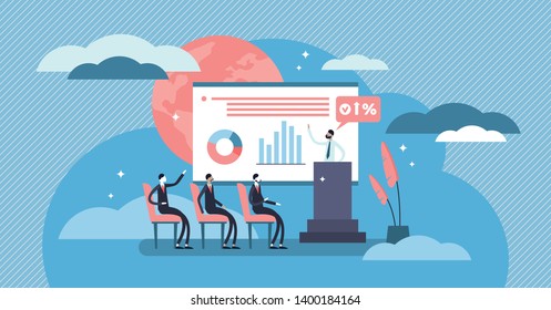 Conference vector illustration. Flat tiny presentation meeting persons concept. Office seminar and professional group teamwork to speech strategy and finance. Abstract employee audience discussion.