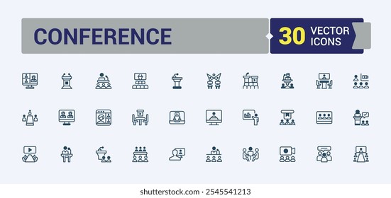 Conference vector line icon set. Related to organisation, presentation, teamwork, seminar, webinar, office and more. Isolated icons design. Solid line editable vector illustration.