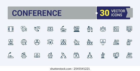 Conference vector line icon set. Related to organisation, presentation, teamwork, seminar, webinar, office and more. Isolated icons design. Solid line editable vector illustration.