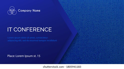 Conference vector template. Abstract dotted blue minimal background for IT conference invitation, business meeting. Banner for social media announcement