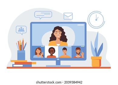 Conference video call, business team faces, video meeting online  remote project management, working from home, quarantine. Vector illustration.