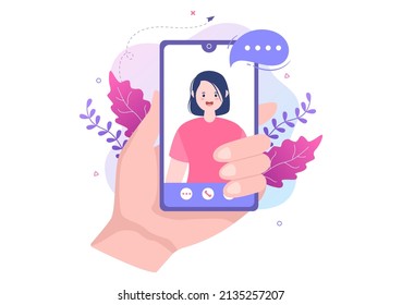 Conference Video Call by Remote Communication with Online Friends using a Smartphone or Computer via a Webcam for Working From Home in Flat Style Cartoon Illustration