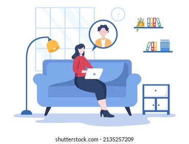 Conference Video Call by Remote Communication with Online Friends using a Smartphone or Computer via a Webcam for Working From Home in Flat Style Cartoon Illustration