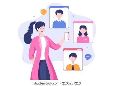 Conference Video Call by Remote Communication with Online Friends using a Smartphone or Computer via a Webcam for Working From Home in Flat Style Cartoon Illustration