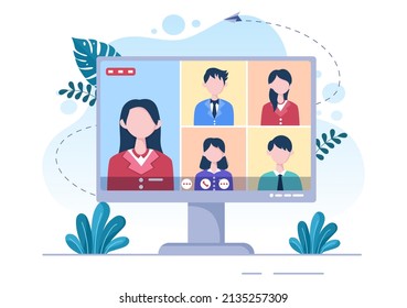 Conference Video Call by Remote Communication with Online Friends using a Smartphone or Computer via a Webcam for Working From Home in Flat Style Cartoon Illustration