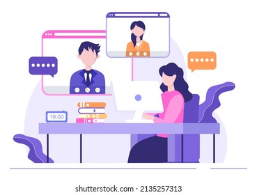 Konferenzvideo-Anruf per Fernkommunikation mit Online-Freunden über ein Smartphone oder einen Computer über eine Webcam für die Arbeit von zu Hause aus in flacher Cartoon-Illustration