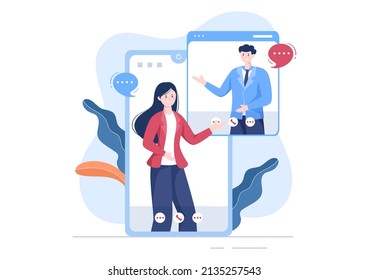Conference Video Call by Remote Communication with Online Friends using a Smartphone or Computer via a Webcam for Working From Home in Flat Style Cartoon Illustration
