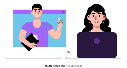 Conference video call. Character with laptop. Vector illustration in a flat style