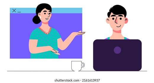 Conference video call. Character with laptop. Vector illustration in a flat style