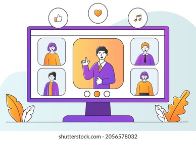 Conference Video Call Concept. Company Employees Discuss Project Online. Remote Meeting Of Partners. Large Computer Monitor. Cartoon Modern Flat Vector Illustration Isolated On White Background