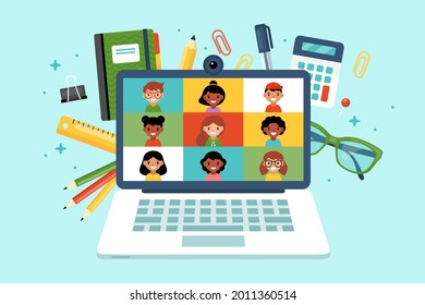 Conference video call concept. Online education and learning from home with laptop computer 