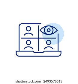 Conference video call and eye symbol. Call safety monitoring, turning on video camera. Pixel perfect, editable stroke icon
