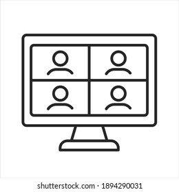 Conference video call group of people on monitor screen thin line icon. Working from home. Distant learning. Conversation. Webinar in new reality. Vector illustration isolated outline. Editable stroke