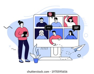 Conference video call. Group video call and virtual meeting concept, people talking to each other on monitor screen. Remote communication concept flat vector illustration