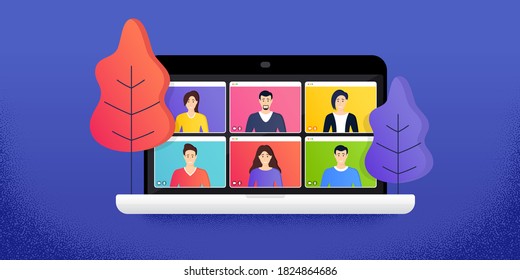 Conference video call laptop. Remote online project management. Working from home. Virtual video conference screen. Online home learning. Characters of people work together. Video call meeting. Vector