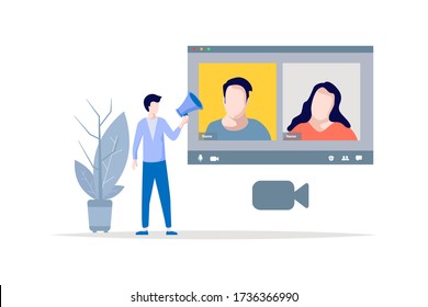 Conference video call menu template, working from home. Colleagues talk to each other people participants.