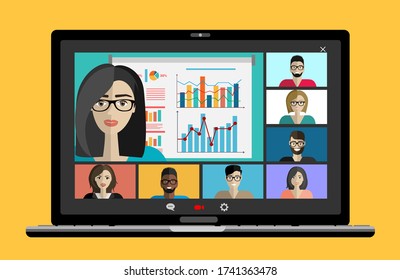 Conference Video Call. Online Communication. Working From Home. Remote Project Management, Online Education, Online Lessons, Quarantine, Communication With Friends, Colleagues. Vector Illustration.